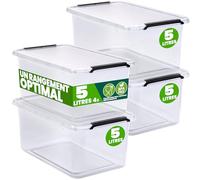 DEUBA 4x Boîte de rangement 5L en plastique transparent empilable sans BPA gain de place caisse de rangement organiseur