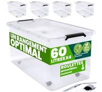 DEUBA® 4x Boîte de rangement 60L en plastique transparent empilable sans BPA gain de place caisse de rangement roulettes