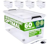 Deuba® 4X Boîte de Rangement 60L en Plastique Transparent empilable sans BPA Gain de Place Caisse de Rangement roulettes