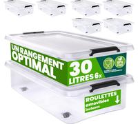 DEUBA® 6x Boîte de rangement 30L en plastique transparent empilable sans BPA gain de place caisse de rangement roulettes