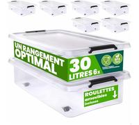 DEUBA® 6x Boîte de rangement 30L en plastique transparent empilable sans BPA gain de place caisse de rangement roulettes