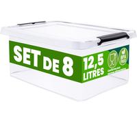 DEUBA® 8x Boîte de rangement 12,5L en plastique transparent empilable sans BPA gain de place caisse de rangement organiseur