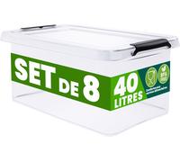 DEUBA® 8x Boîte de rangement 40L en plastique transparent empilable sans BPA gain de place caisse de rangement organiseur