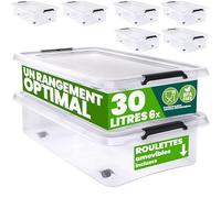 Deuba Boîte de Rangement 6X 30 L | plastique, empilable, roulettes, transparent, résistant, caisse de rangement, sans BPA, avec couvercle et charnières poignées