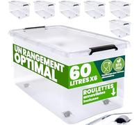 Deuba Boîte de rangement 6x 60 L | plastique, empilable, roulettes, transparent, résistant, caisse de rangement, sans BPA, avec couvercle et charnières poignées