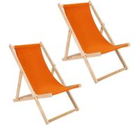 Deux chaises longues pliantes oranges en bois - chaise longue pliante, transat pliable, transat de plage, chaise longue en bois, transat de jardin