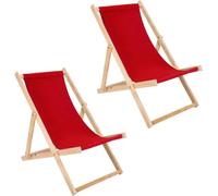 Deux chaises longues pliantes rouges en bois - chaise longue pliante, transat pliable, chaise longue de plage, transat en bois, chaise longue de jardin