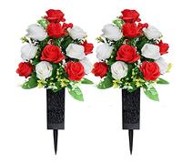 Deux fleurs de cimetière artificielles avec vase, utilisées pour la décoration de la pierre tombale et de la salle commémorative, le vase avec trou de drainage et ongles longs (rouge et blanc)