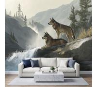 Deux Loups Cascade Nature Sauvage Papier Peint Photo 500 x 280 cm Murale | Nature Animaux Sauvages Murale Stickers Intissé pour Cuisine Chambre Salle Salon Décor Fond TV