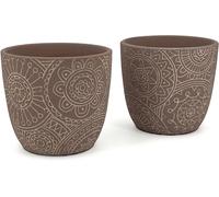 Deux pots en terre cuite - Pots de fleurs pour intérieur et extérieur - Décoration pour plantes - Fleurs peintes à la main - Diamètre 12,5 cm - Café