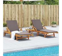 Deux transats avec coussins, dimensions 200x68x83 cm, en bois d'acacia massif. Idéal pour le jardin, transat, chaise longue, bain de soleil, mobilier d'extérieur, pour la piscine ou la détente. Référe