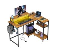 DEVAISE Bureau d'angle en L 110 x 80 cm avec Prises, LED et Étagères de Rangement, Table pour Gaming, Bureau et Télétravail, Marron