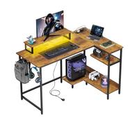 DEVAISE Bureau d'angle en L 120 x 80 cm avec Prises, LED et Étagères de Rangement, Table pour Gaming, Bureau et Télétravail, Marron