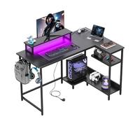 DEVAISE Bureau d'angle en L 120 x 80 cm avec Prises, LED et Étagères de Rangement, Table pour Gaming, Bureau et Télétravail, Noir