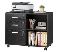 DEVAISE Caisson de Bureau à 3 Tiroirs avec Serrures Individuelles et Étagères Ouvertes, Caisson de Rangement Mobile avec Plateau Bois, Meuble Rangement Bureau et Meuble Imprimante pour Maison, Noir
