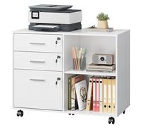 DEVAISE Caisson de Bureau Roulant 3 Tiroirs et étagères ouvrantes, Meuble Imprimante Rétro avec Plateau Bois, Meuble Rangement Bureau Mobile, Blanc