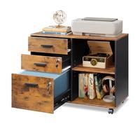 DEVAISE Caisson de Bureau Roulant 3 Tiroirs et étagères ouvrantes, Meuble Imprimante Rétro avec Plateau Bois, Meuble Rangement Bureau Mobile, Brun