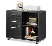 DEVAISE Caisson de Bureau Roulant 3 Tiroirs et étagères ouvrantes, Meuble Imprimante Rétro avec Plateau Bois, Meuble Rangement Bureau Mobile, Noir
