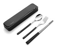 DEVICO Ustensiles de voyage en acier inoxydable 18/8 - 4 pièces - Couverts portables réutilisables - Avec fourchette, cuillère, baguettes et étui (noir)