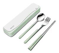 DEVICO Ustensiles de voyage en acier inoxydable 18/8 - 4 pièces - Couverts portables réutilisables - Fourchette - Cuillère - Baguettes - Avec étui - Vert