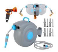 Dévidoir Automatique 30m + 2m - Enrouleur de Tuyau de Jardin Pivotant 180° - Tuyau renforcé anti-torsion, 9 modes de jet - Fixation Murale, Kit complet pour Grand Jardin et Terrasse (20m bleu)