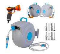 Dévidoir Automatique 30m + 2m - Enrouleur de Tuyau de Jardin Pivotant 180° - Tuyau renforcé anti-torsion, 9 modes de jet - Fixation Murale, Kit complet pour Grand Jardin et Terrasse (30m bleu)