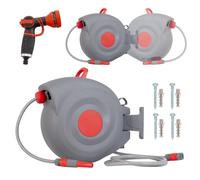Dévidoir Automatique 30m + 2m - Enrouleur de Tuyau de Jardin Pivotant 180° - Tuyau renforcé anti-torsion, 9 modes de jet - Fixation Murale, Kit complet pour Grand Jardin et Terrasse (30m gris)