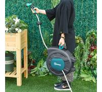 Outsunny Enrouleur tuyau arrosage automatique pivotant 180° Tuyau 15 + 1,4 m avec Lance arrosage Support Mural intégré Turquoise Gris