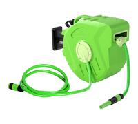 Dévidoir Mural Pivotant 180° Enroulage Automatique Tuyau 15 + 1,5 m avec Lance Arrosage Support Mural Intégré Vert