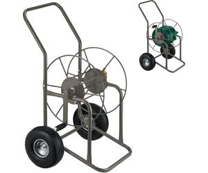 Dévidoir Relaxdays, jusqu'à 80 m, 2 roues pneumatiques, raccord à clic, tambour métallique, dévidoir de tuyau d'arrosage, marron