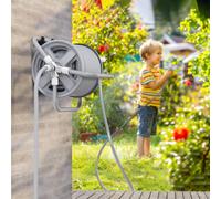 Dévidoir enrouleur de tuyau d'arrosage Outsunny 20m + 2m de tuyau, buse de pulvérisation réglable 2 en 1, à fixer au mur ou à poser