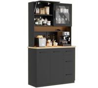 Devoko Armoire de Cuisine, Buffet Haut avec Bandes LED 3000K et Prises Intégrées, Plateau 24 mm, Étagères Réglables, 3 Tiroirs, 100 x 40 x 182 cm (Noir Glacier)