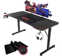 Devoko Bureau Gaming 160 x 60 cm, Grand Bureau Gamer Ergonomique en Forme de T avec Range-Câbles, Crochet Casque et Porte-Gobelet, Table d'Ordinateur Stable pour PC, Esport et Télétravail