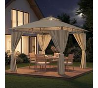 Devoko Tonnelle de Jardin 3x3m avec Lumière LED, Imperméable Deluxe Tonnelle, Tonnelle de Jardin Exterieur, Tonnelles à Cadre Métallique, Pergola Jardins Exterieur pour 4-6 Personnes, Beige