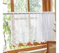 Devola Rideaux Voile Jacquard Rideaux Dentelle Court Style Maison de Campagne Bistro Rideau Motif Floral Petite Cuisine Rideau Café Rideaux Court avec Bande Perforée H x L 90 x 120 cm Blanc 1