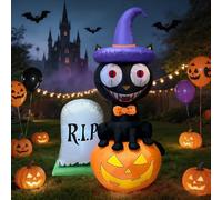 DEVONWIDE Citrouille gonflable d'Halloween en forme de chat noir de 1,8 m | Chat noir avec citrouille et pierre tombale, adorable décoration d'Halloween gonflable, lumière LED géante gonflable, cour