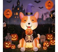DEVONWIDE Décorations de jardin gonflables pour Halloween Shiba Inu 1,5 m | Squelette Shiba Inu et citrouille lumineuse, adorable décoration de jardin pour Halloween Eve