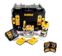 DeWalt DCW 604 D2 Affleureuse/Défonceuse sans fil 18V 55 mm + 2x Batteries 2,0 Ah + Chargeur rapide + Jeu de fraises, 12 pièces + Coffret de transport