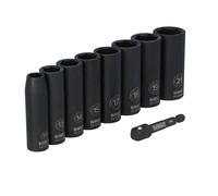 DEWALT Jeu de Douilles à Choc 3/8, 9 pièces, 6 Points, 10 mm à 21 mm, Comprend Un Adaptateur 1/4", pour visseuses à Percussion sans Fil et filaires (DWAFSMSET9)