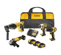 DEWALT kit combo 18V, 4 outils, 3 batteries 4Ah, DCK424M3-QW | Kit 18V avec 4 outils DEWALT, 3 batteries 4Ah et sac souple pour percer, visser, perforer et tronçonner.