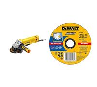 DEWALT Meuleuse Compacte avec Interrupteur à Palette, avec Système d'Éjection de la Poussière et Carter de Protection Réglable, Lame Ø125mm + DeWalt Disque à Tronçonner Jaune