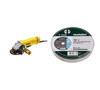 DEWALT - Meuleuse Compacte avec Interrupteur à Palette - Lame Ø125mm - Vitesse 11500tr/min - 1400W & Metabo - Boite métal de 10 Disques à tronçonner - Acier inoxydable - 125 x 1 mm (Import Allemagne)