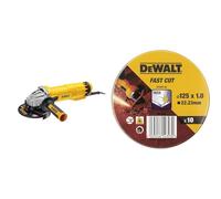 DEWALT - Meuleuse d'Angle - DWE4237-QS - Meuleuse avec Protection Anti-Redémarrage & Coffret de 10 Disques Pour Meuleuse - Dimensions 125 mm x 1 mm - Matériau de Disque Robuste