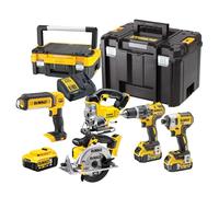 DEWALT - Pack 5 outils XR 18V, 1 perceuse-visseuse, 1 visseuse à chocs à 3 vitesses, 1 scie sauteuse, 1 scie circulaire, 1 lampe LED, 3 batteries 5Ah, 1 chargeur et 2 coffrets TSTAK, DCK551P3T-QW