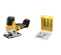 DEWALT Scie Sauteuse Sans Fil 18V - Sans Batterie ni Chargeur DCS335N-XJ & Coffret de 10 Lames en Acier de Scie Sauteuse - Spécial Découpe du Bois - Attache en T - Raccord à Baïonnette