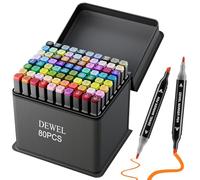 DEWEL 80 Couleurs Feutre a Alcool Set, Feutres Coloriage Adulte | Feutres à Alcool Double Pointe, Plaque PET Transparente, Coloriage Festif + Bloc Vierge, Stylos Blanc/Argent/or, Fineliner