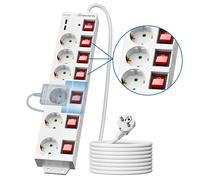 DEWENWILS Multiprise 6 prises avec 2 ports USB, interrupteurs individuels, protection contre les surtensions, verrouillage enfant, prises orientées à 90° et câble de 5 m - Blanc
