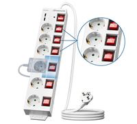 DEWENWILS Multiprise 6 prises avec ports USB intégrés avec interrupteurs individuels, protection contre les surtensions, sécurité enfant, prise orientée à 90° et câble de 2 m - Blanc