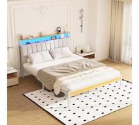 DEWINNER Cadre de lit, 140 x 190 avec Base en métal, lit 2 Personnes, avec lumières LED et Prises Multiples (1 Prise AC, 2 Ports USB), lit Double en métal avec casiers, Moderne, Beige