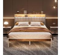 DEWINNER Cadre de lit, 140 x 200 avec Sommier en métal, lit 2 Personnes, avec lumières LED et Prises Multiples (1 Prise AC, 2 Ports USB)